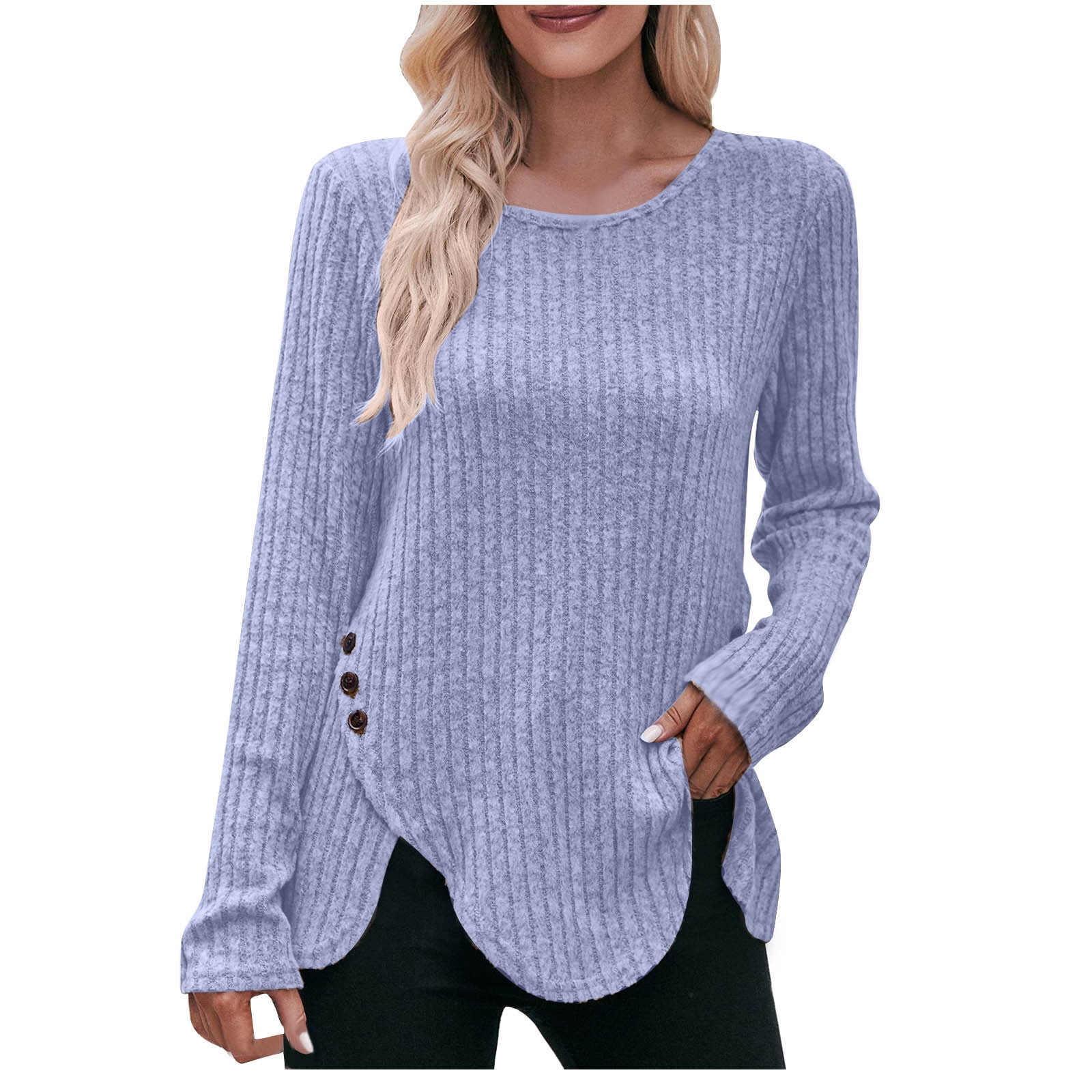 Pull Long Femme Tricot Épais Léger - Manches Longues Col Rond Ample Avec Poches - Pull Chaud Hiver Couleur Unie