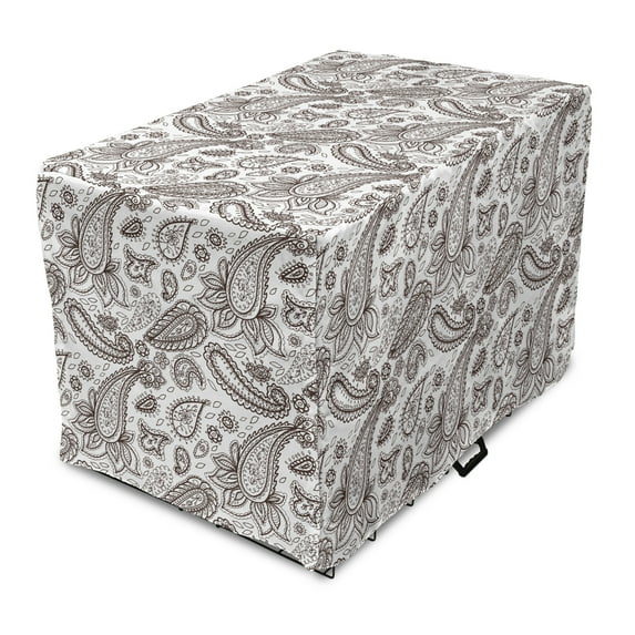 Brown Paisley Dog Crate Cover, Classical Almond Like Shape Zentangle Look Fashion Print on Plain Background, Easy to Use Pet Kennel Cover Small Dogs Puppies Kittens, 7 Sizes, Brown White, by Ambesonne