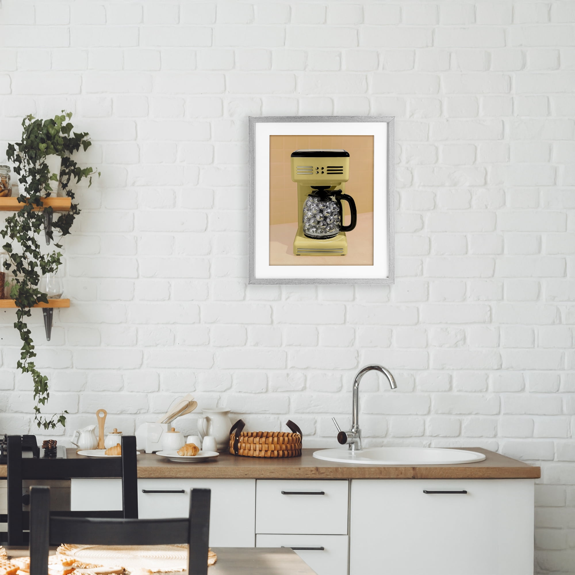 Stupell Industries Disco Coffee Maker over Yellow Gray Framed Print Under Glass, design by LISH Creative