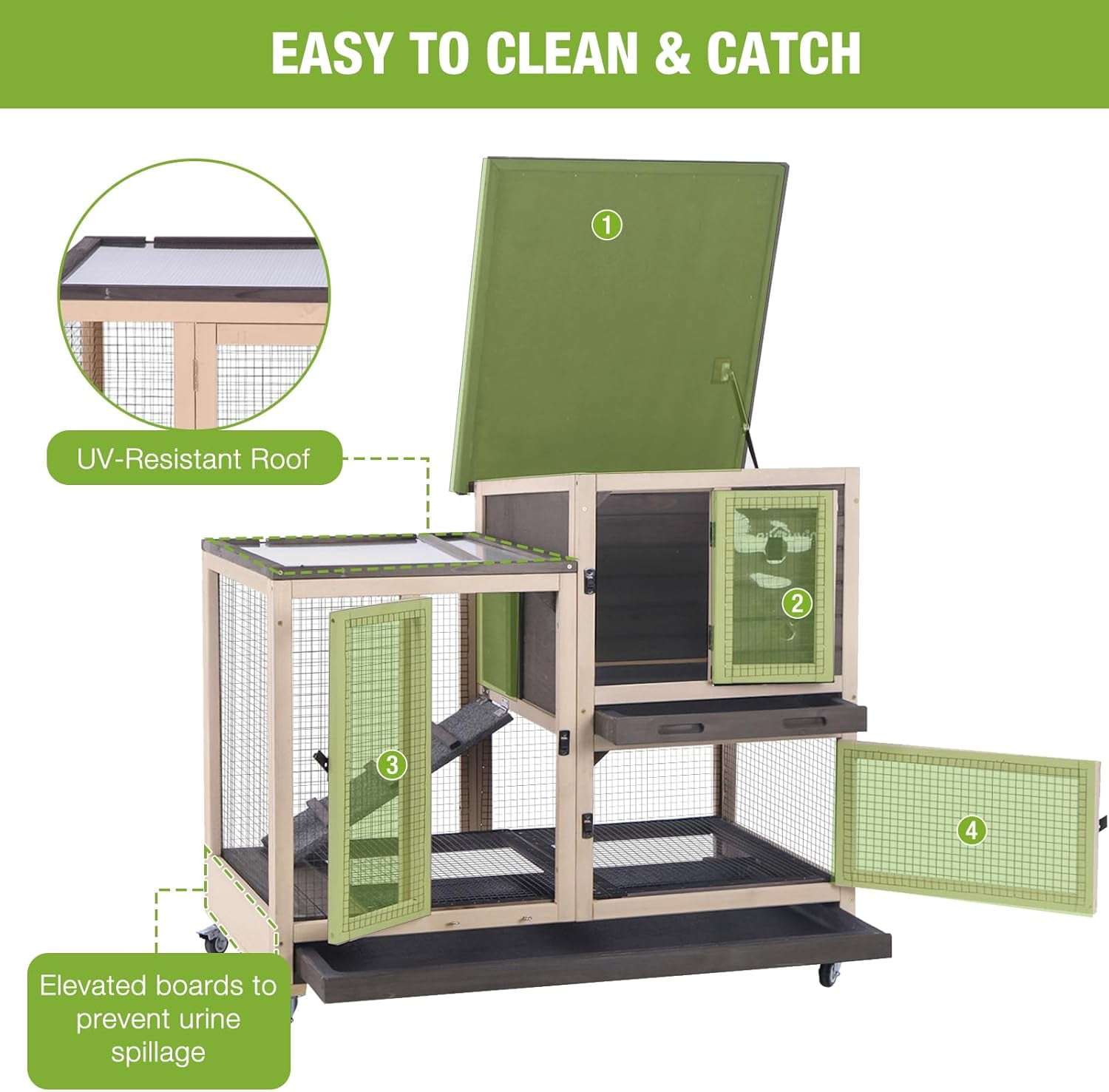 MEDEHOO Rabbit Hutch Wooden Rabbit Cage on Wheels 2 Story Guinea Pig Cage with Urine Guards,Pull Out Tray(Coffee Color)
