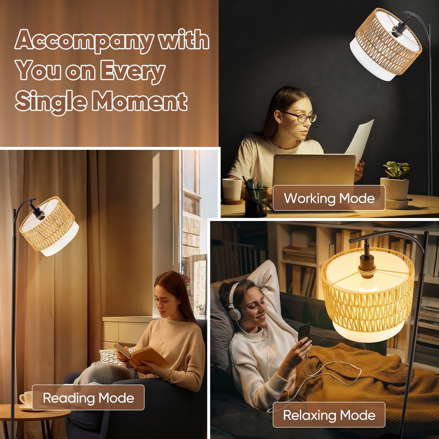 Vesteel Floor Lamp for Living Room, Rattan Standing Lamp with Adjustable Rattan & Fabric Shades, 3 Color Temperatures Boho Farmhouse Floor Lamp for Bedroom
