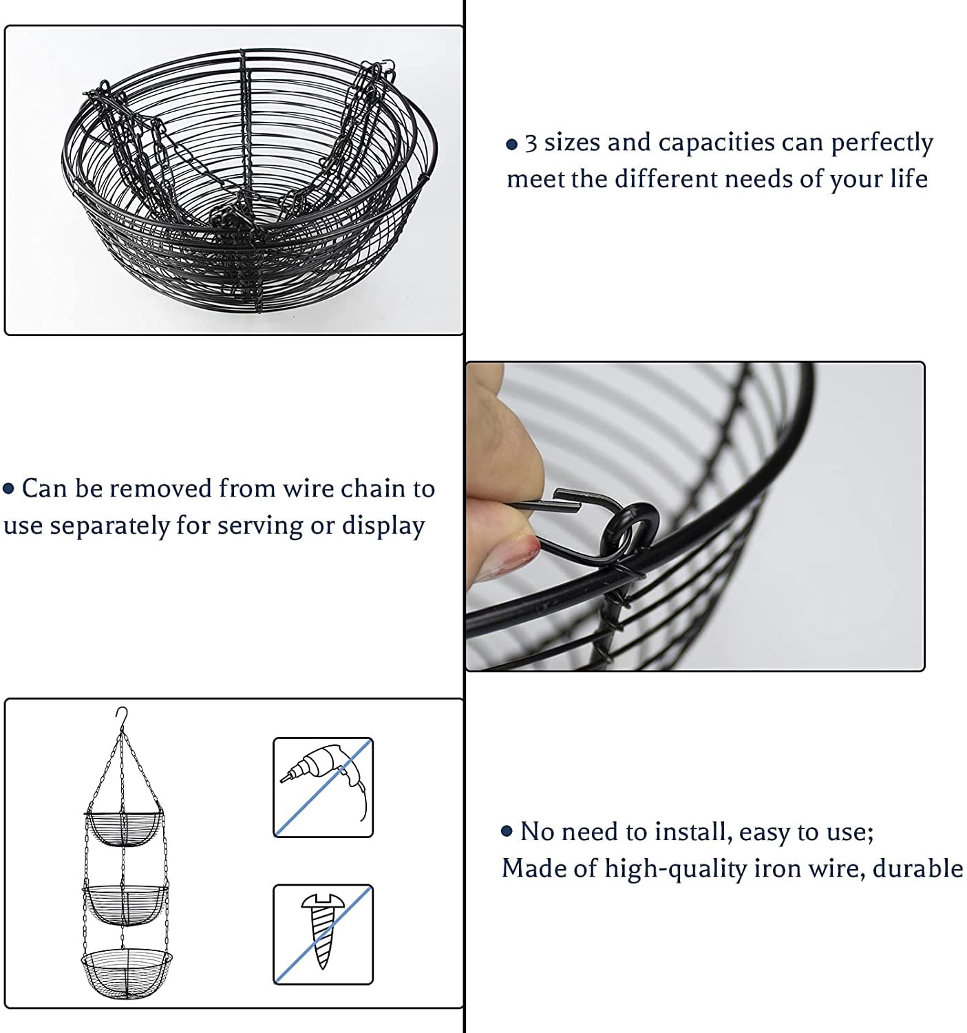 Codream 3 Tier Hanging Fruit Basket, Wire Vegetable Produce Basket for Kitchen, Heavy Duty Fruit Storage Organizer Black Fruit Holder
