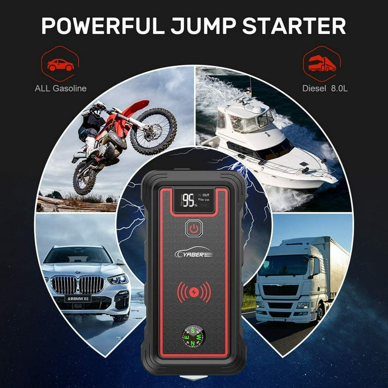 Yaber Yr800 Car Jump Starter 2500A 23800mAh Auto Booster(All Gas or 8.0L Diesel) Wireless Charger, Black