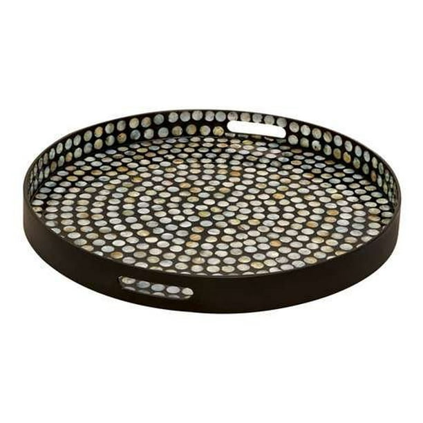 Decmode Large, Round Black Lacquer & White Shell Tray