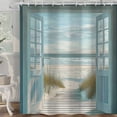 thumbnail image 2 of Blue Beach Barn Door Shower Curtain, Rustic Country Ocean Coastal Seaside Scenery Decor Bath Curtains, Retro Teal Wood Waterproof Bathroom Accessories Set, 72 x 72 inch with Hooks, 2 of 6