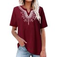 thumbnail image 2 of Dagegui Womens Short Sleeve Shirts Casual Mexican Embroidered T-Shirts Cotton Linen V Notch Neck Summer Blouses Boho Tunic Tops ZA Wine M, 2 of 5