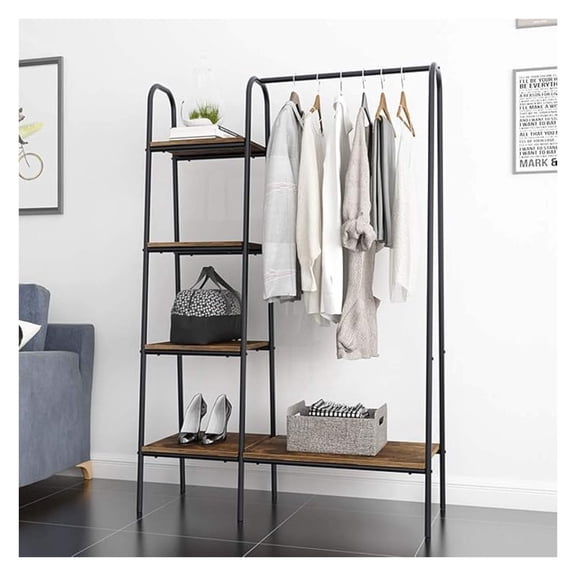 Clothes Rack Closet Organizer System, Free-Standing Garment Racks Metal Clothing Rack with Storage Shelvels and Hanging Rod Closet Storage Organizer Clothing, Brown