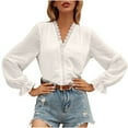 thumbnail image 2 of Abomasnow Women's Lace Crochet V Neck Tunic Tops Pom Flowy Long Sleeve Casual Blouses Shirts Dressy Business Office Work Blouse Tops, 2 of 7