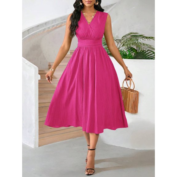 Hot Pink Sleeveless V-Neck Midi Dress With Pleated Skirt And Woven Texture For Women