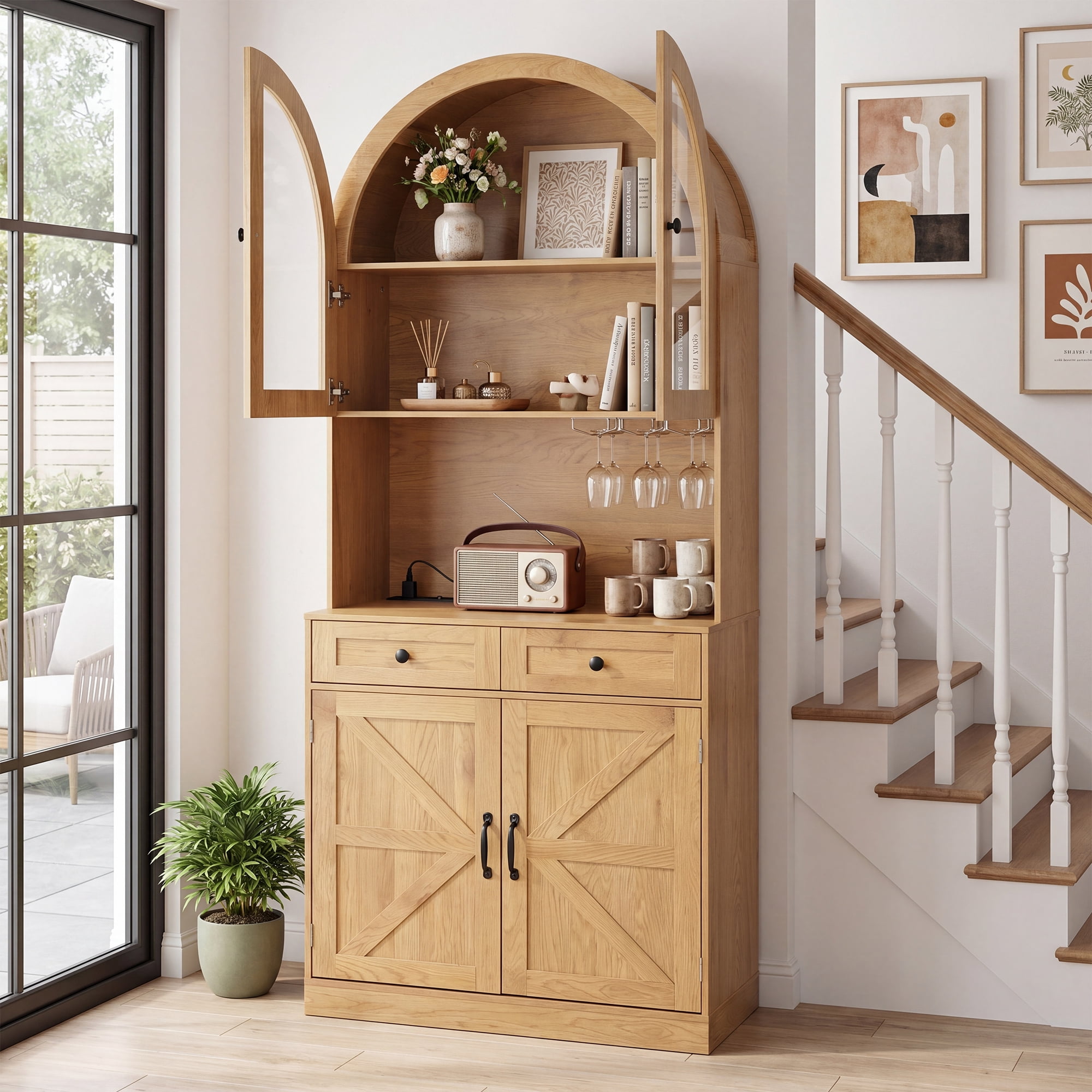 Leumius 75" Farmhouse Tall Arched Pantry Cabinet with Charging Station, Adjustable Shelves, Coffee Bar with Open Countertop for Kitchen, Dining Room, Living Room, Oak