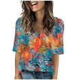 thumbnail image 5 of V Neck T Shirts for Women Summer Classic Casual Floral Printed Short Sleeve Tops Cute V Neck Business Blouses (L, Orange 1), 5 of 7