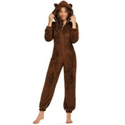 Aunavey Women One Piece Fleece Pajamas Jumpsuit Cartoon Bear Hooded Fuzzy Warm Sherpa Romper Sleepwear