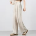 thumbnail image 4 of Nfurl Womens Linen Pants with Pockets Casual Wide Leg Pants for Women Loose Solid Color Beach Elastic Waist Drawstring Palazzo Pant Beige M, 4 of 7