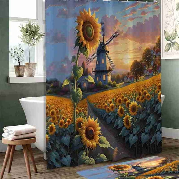 70x70 inch Rustic Sunflower Field with Windmill Shower Curtain, Waterproof Polyester Fabric with Hooks for Bathroom Decor