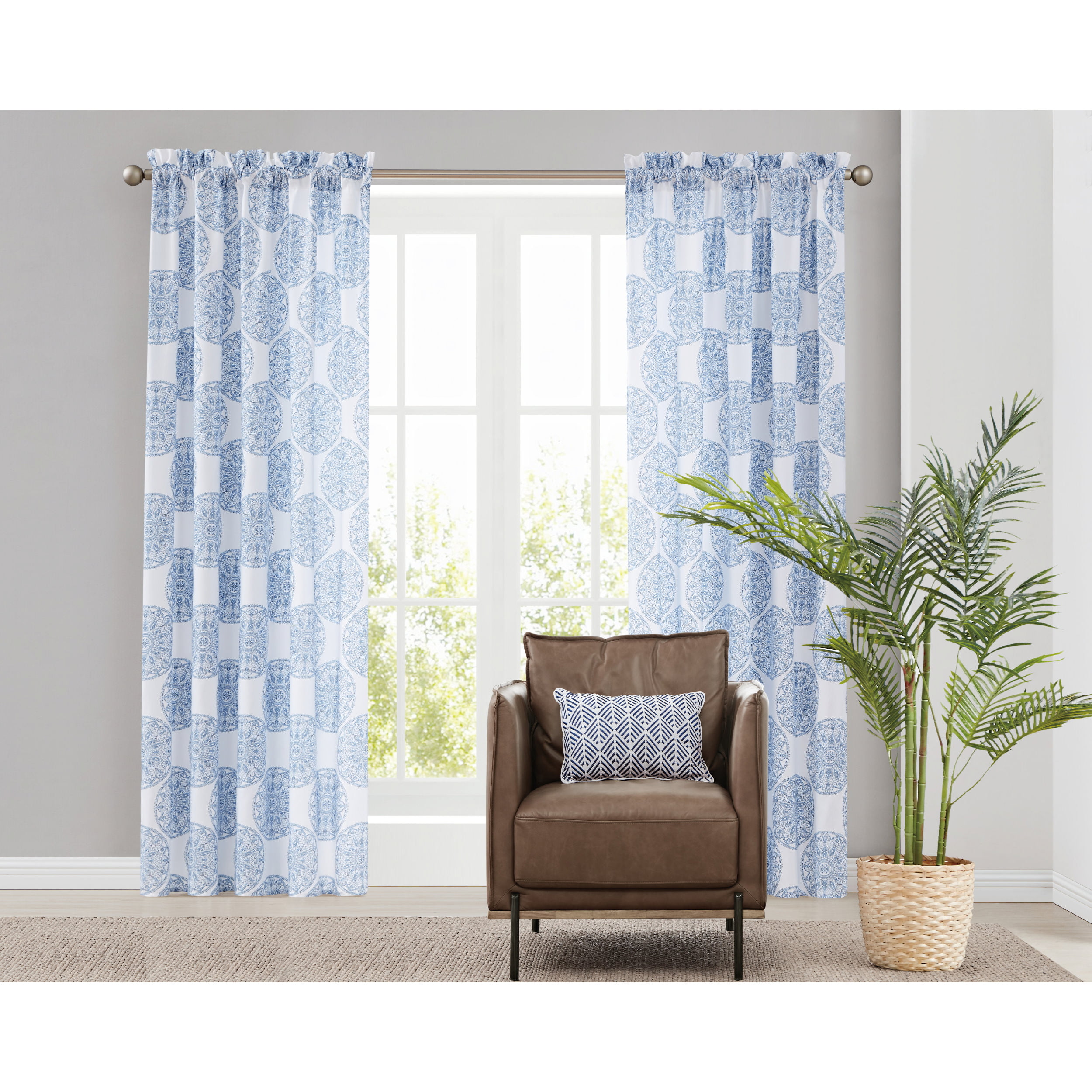 4Pc Tropical Palm Leaf Jacquard Curtain Set Slate Blue Brown Valance Drape Liner 