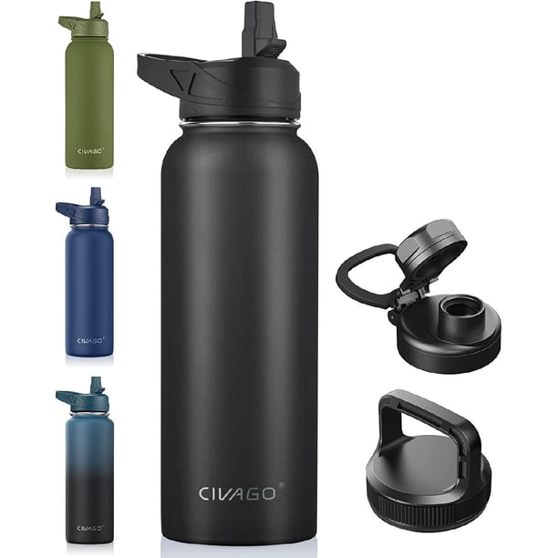 Botella de agua aislada de 40 oz con pajita, termo deportivo de acero inoxidable con 3 tapas (pajita, pico y tapa con asa), termo de viaje de doble pared, color negro medianoche