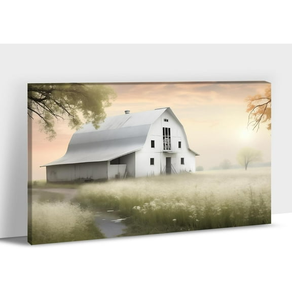 Farmhouse Canvas Wall Art White Barn Prints for Farmhouse Wall Decor Farmhouse Spring Country Landscape Painting Rustic Barn Scenery Framed Artwork for Living Room Kitchen Wall Decor 12"x18"