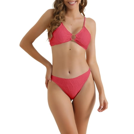 Elerevyo Women s O Ring Ribbed Bikini Sets  2 Piece High Waist Adjustable Spaghetti Straps Swimsuit Bathing Suits X-Small Roes Red