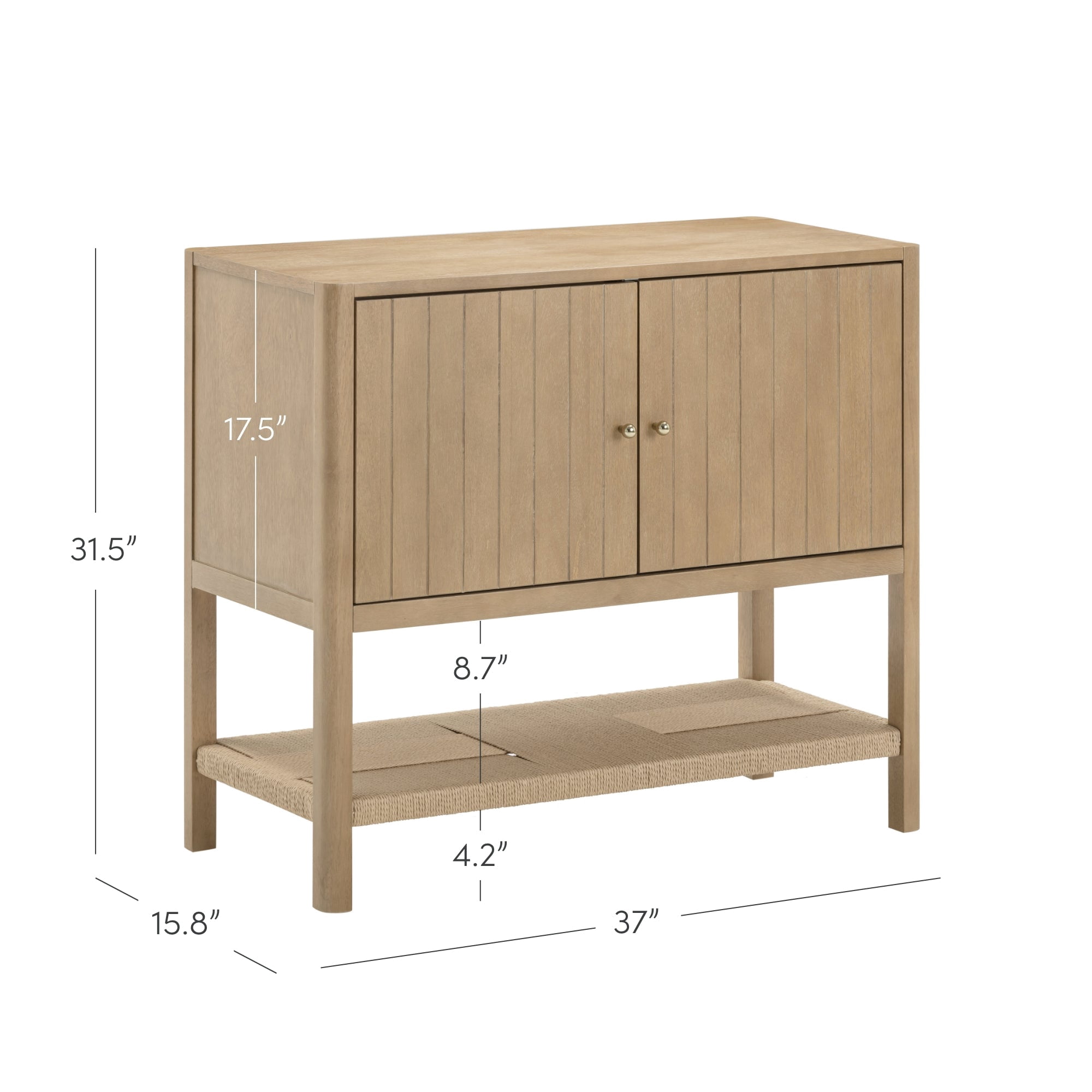 Nathan James Meads Mid Century Modern Cabinet with Doors, Solid Wood Kitchen Cabinet with Adjustable Interior Shelf and Seagrass Bottom Storage, Light Brown