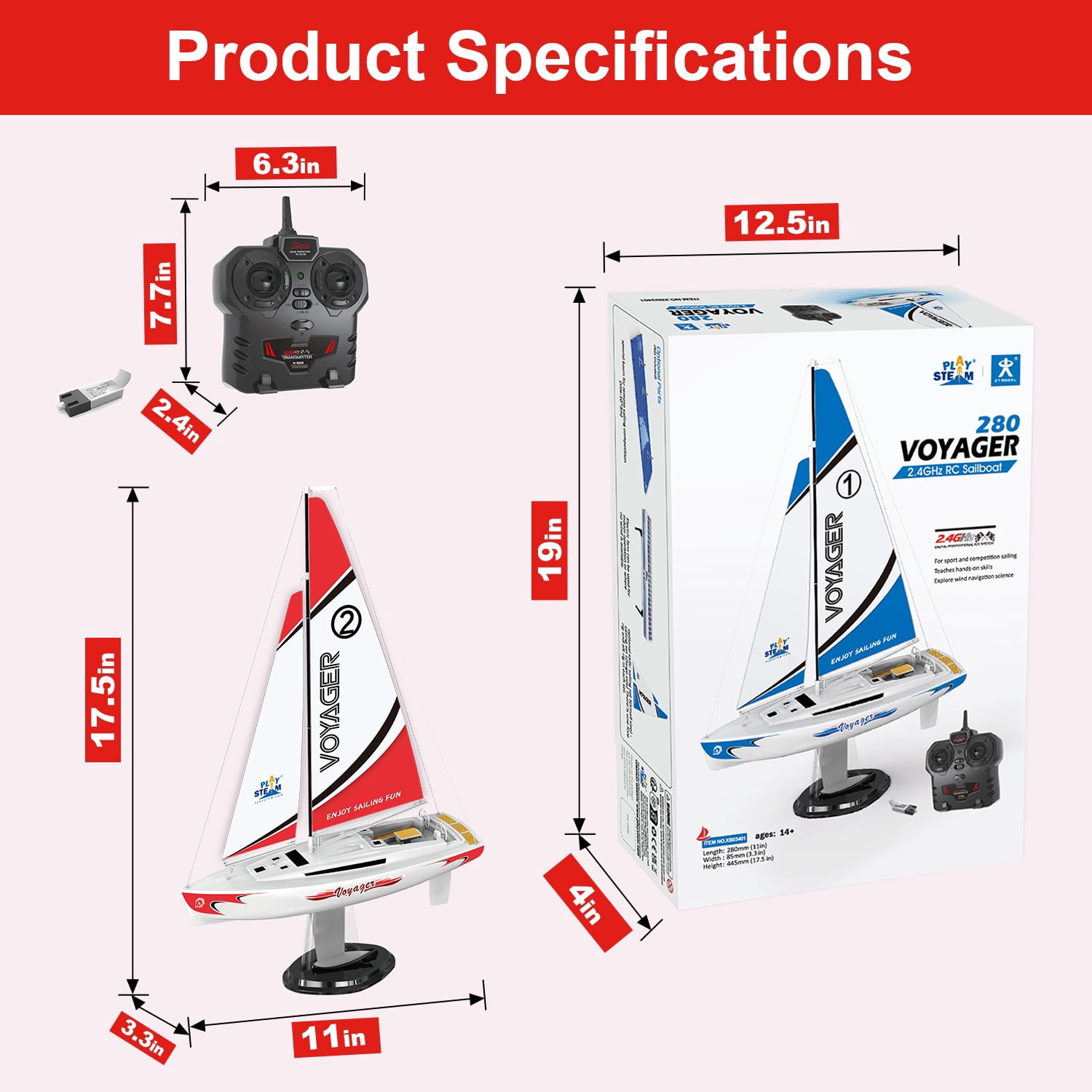 PLAYSTEAM Voyager 280 STEM Science 2.4GHz RC Sailboat Wind Powered Model with Adjustable Sail and Rudder for Learning Wind Direction,Red
