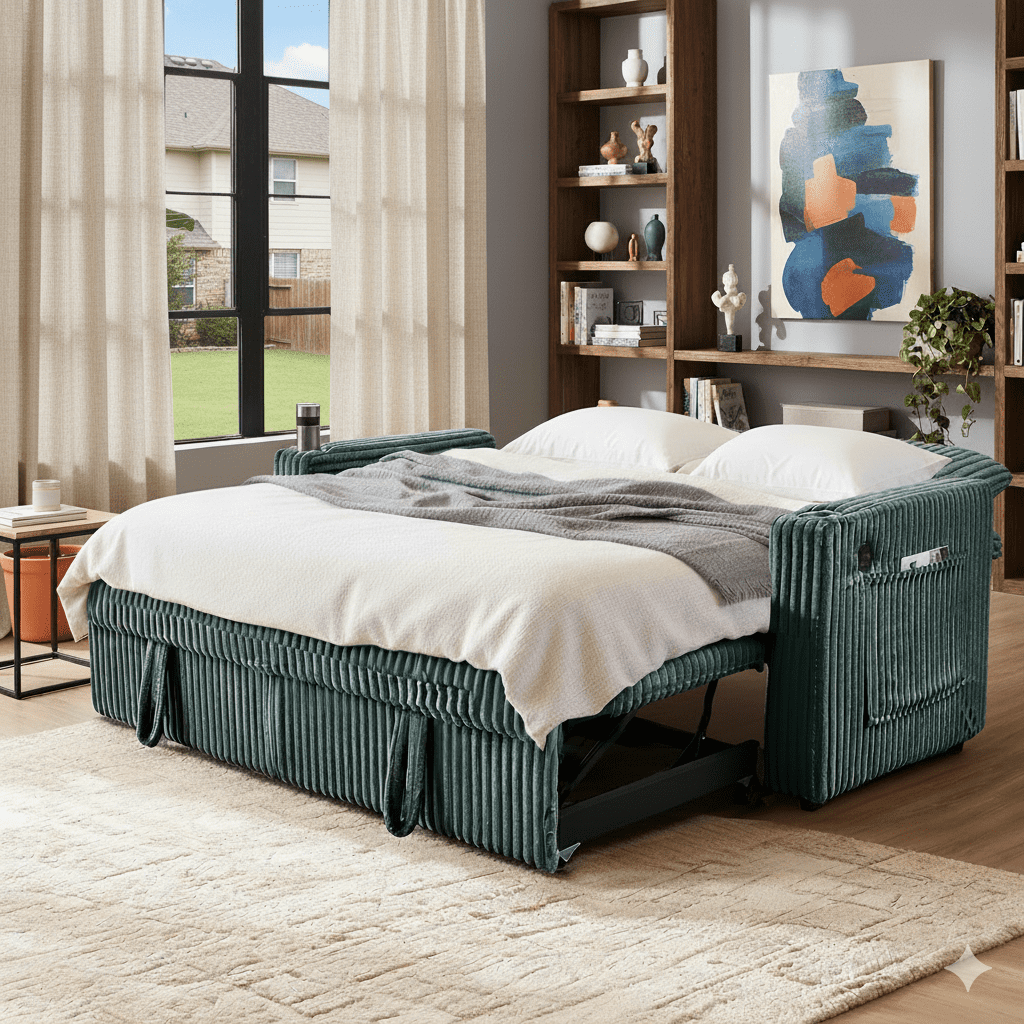 65in Sleeper Sofa Bed, 3 in 1 Convertible Pull Out Couch with Small Table, USB Ports, Cup Holders & 5-Level Adjustable Backrest, Corduroy Loveseat Sofa for Apartment, Bedroom, Living Room (Green)