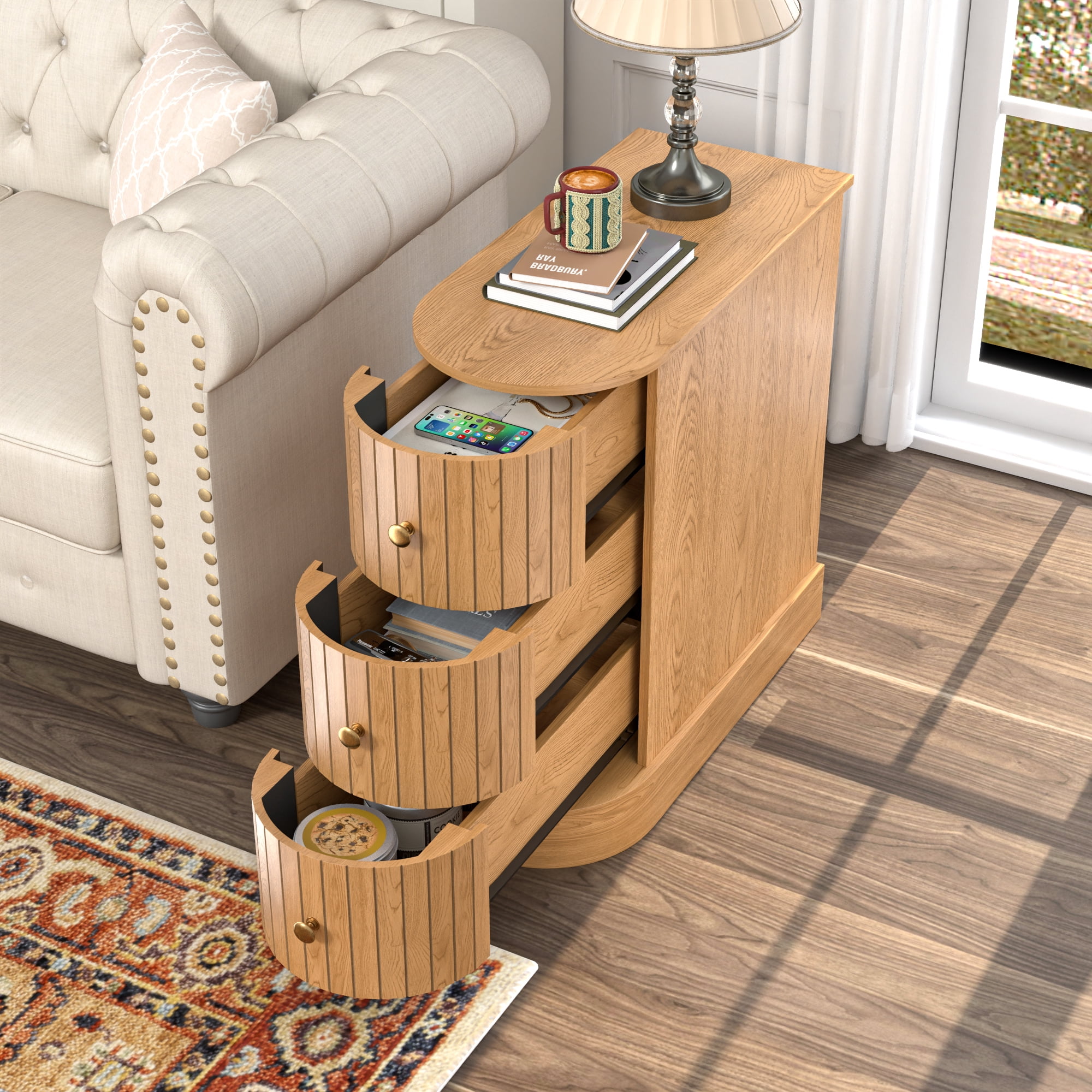 3 Drawers Wood End Table, Narrow Sofa Side Table for Living Room, Slim Nightstand Bedside Table