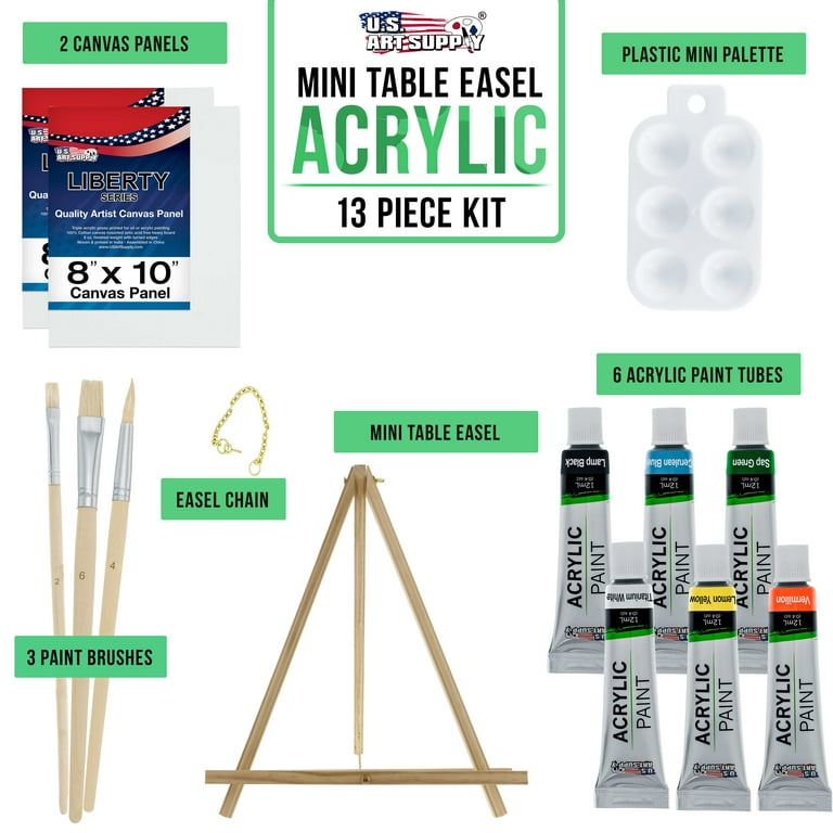 ARTISTIK Desk Easel with Acrylic Paints - Table Top Adjustable Wooden Desktop  Easel, 12 Tubes, canvas, Paintbrushes & Palette for Paintin