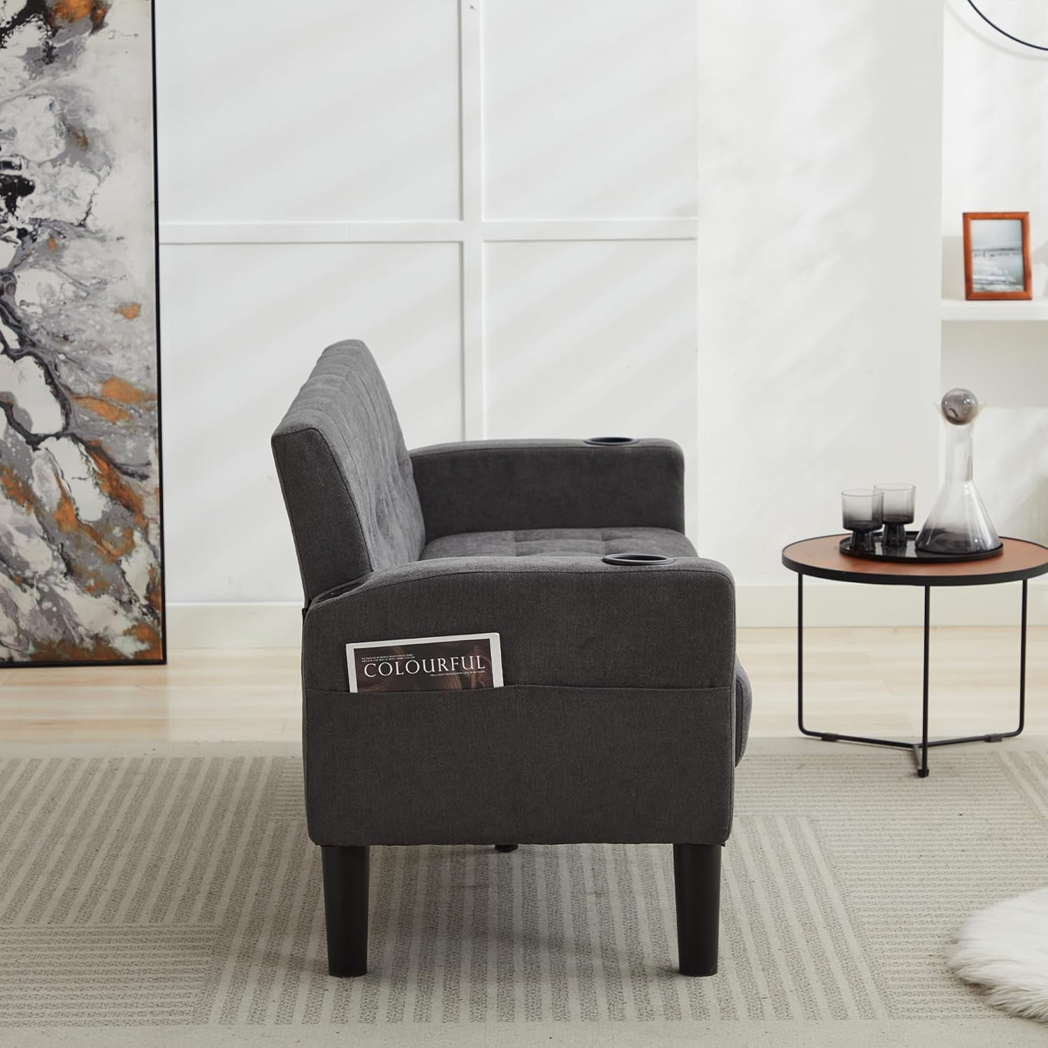 LAZZO 62" Mid-Century Modern Loveseat Sofa, Faux Leather Tufted Compact Couch with USB Ports & Cupholders, Dark Gray