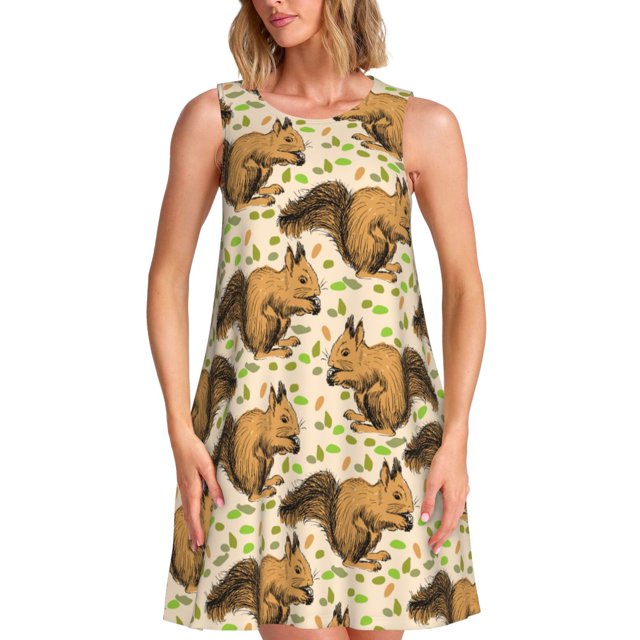 Easygdp Cute Squirrel with Green Leaves para Vestido Transpirable de Mujer, Vestido Suelto de Manga Corta con Pliegues y Bolsillos para el Verano
