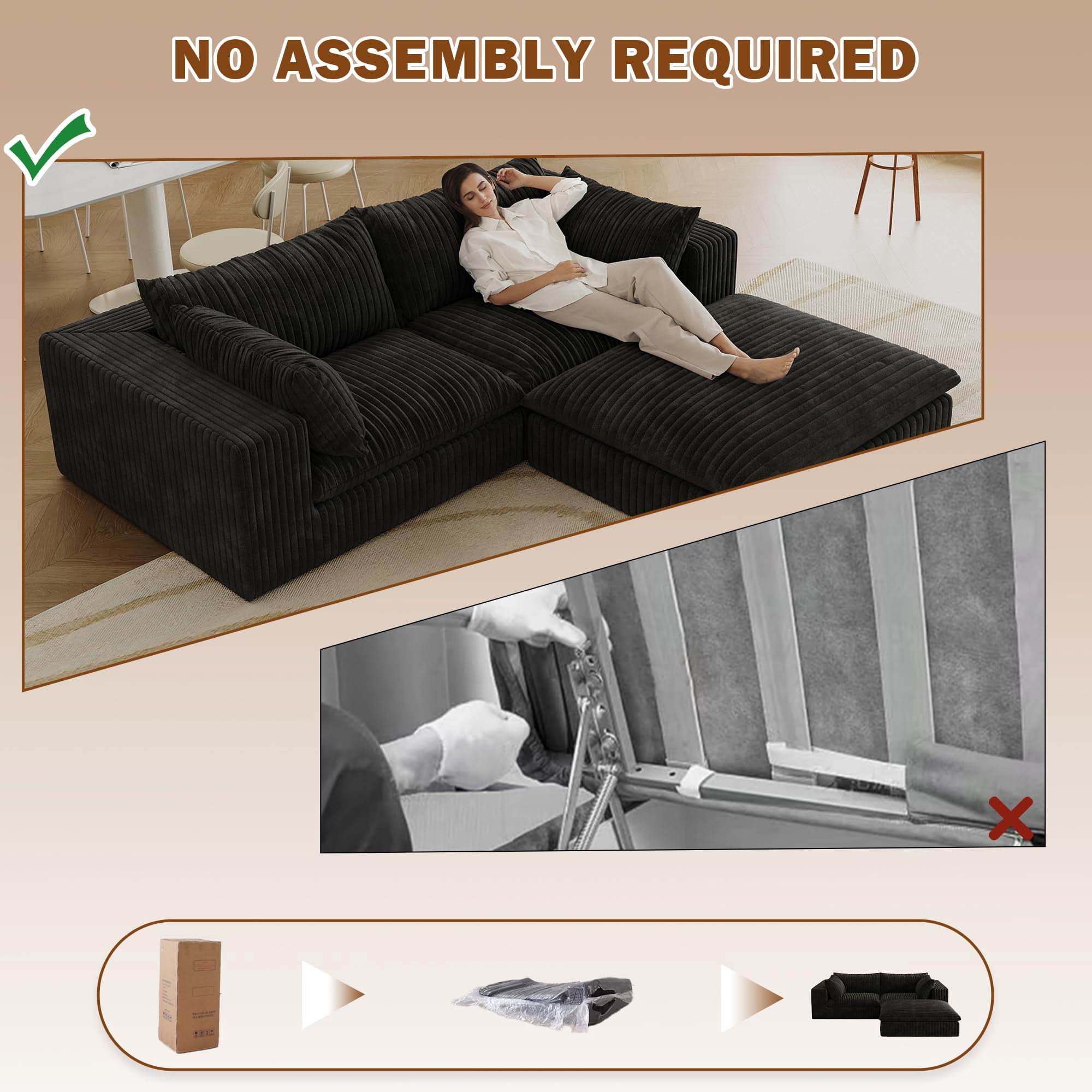 Eyisean 78.8" Corduroy Cloud Loveseat Couch with Ottoman, 2 Seater Comfy Boneless Couch with Throw Pillow, Removable Cushion, Lounge Sofa in a Box, Modular Sectional Sofa for Living Room, Bedroom