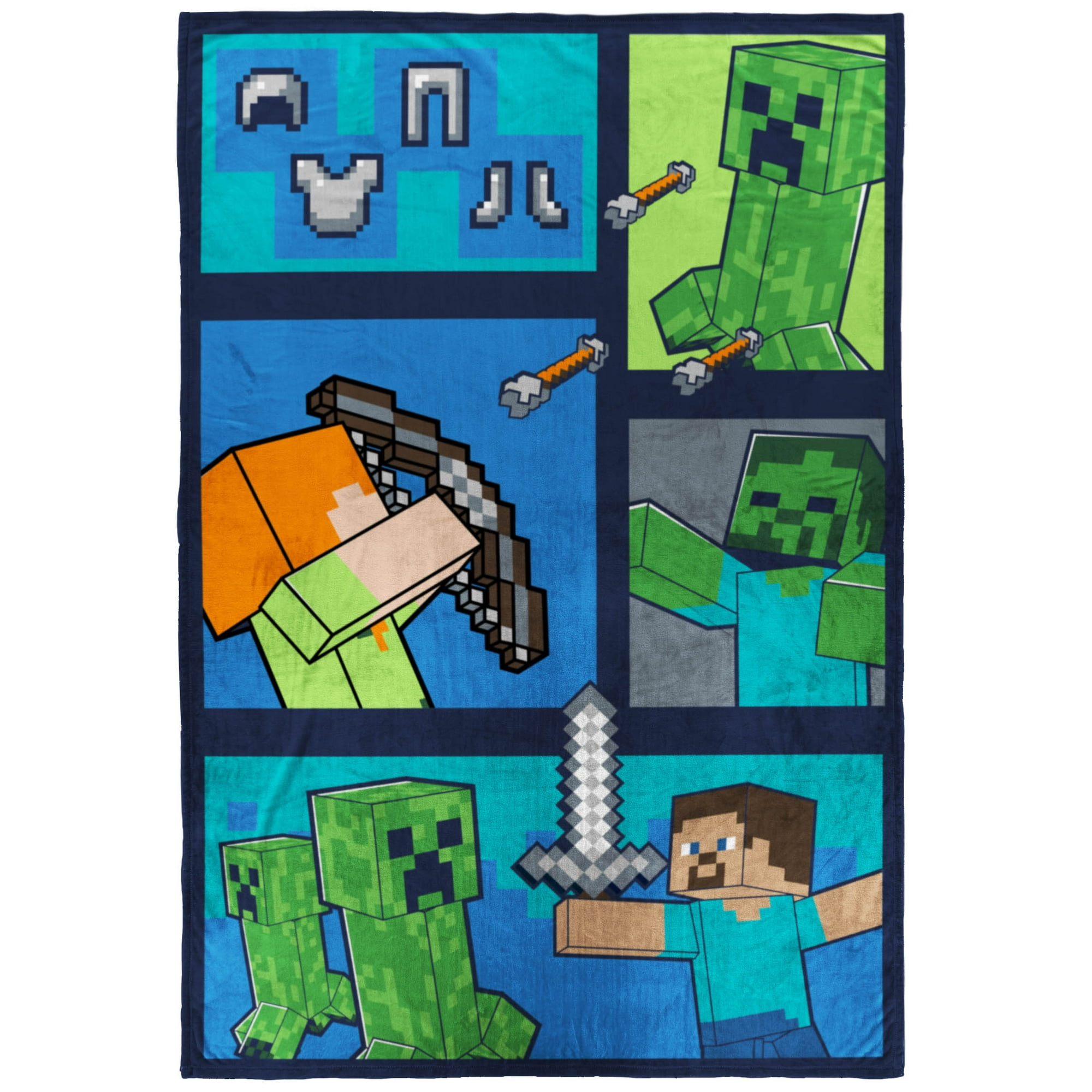 Minecraft Kids Twin/Full Blanket, 62 x 90, Microfiber, Green and Blue, Mojang