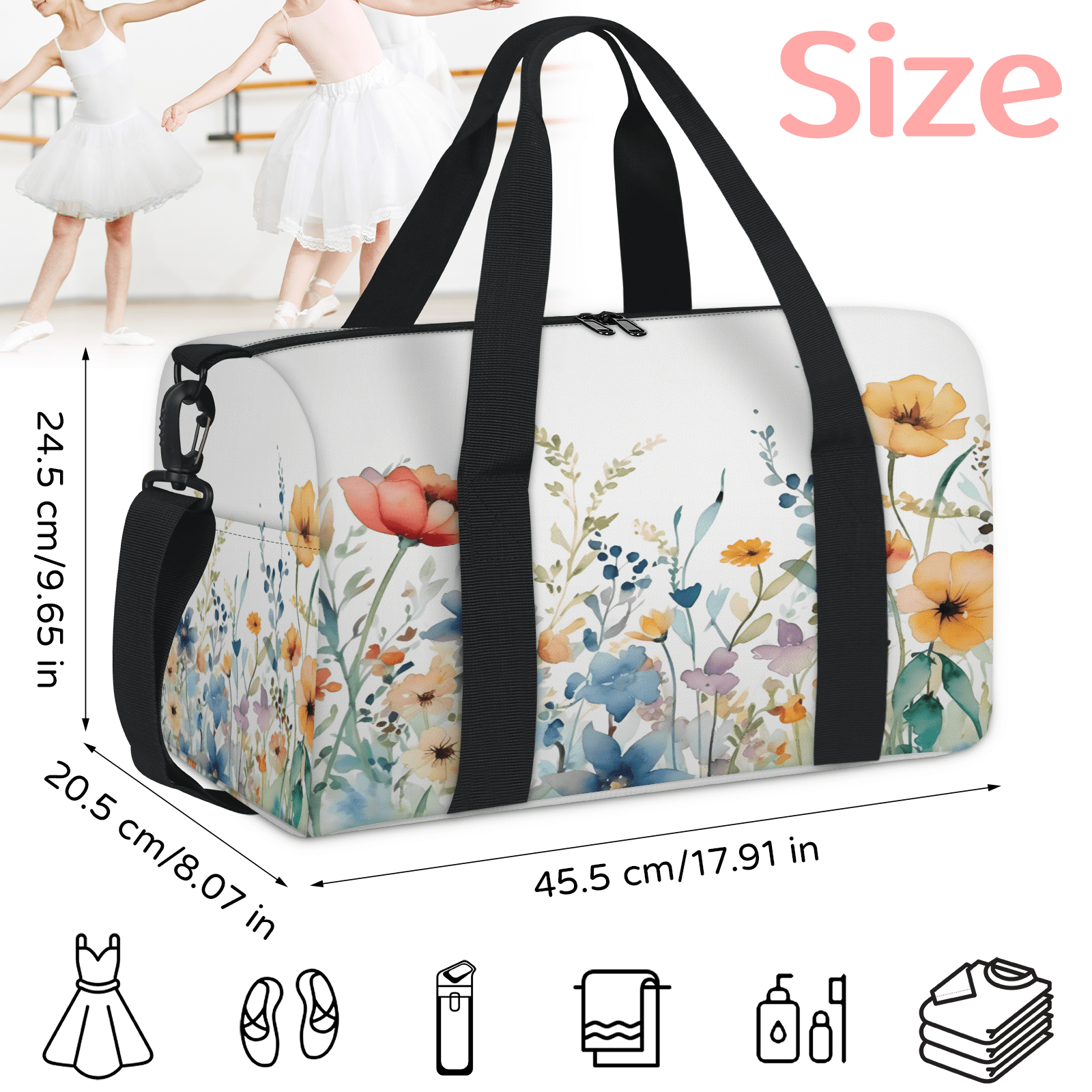 Herdesigns Wildflowers Gym Bag for Women, Duffle Bag for Travel Sport, Lightweight Waterproof Carry on Weekender Overnight Dance Yoga Workout Bags