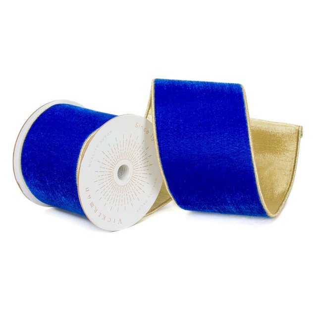Cinta Vickerman de Terciopelo Azul Real con Detalles Dorados 4 cm x 10 m
