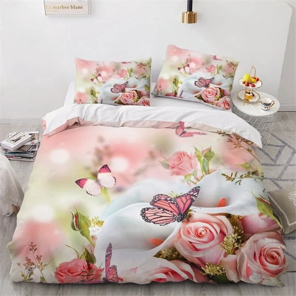 3D Floral Rose Duvet Cover Pink Flowers Bedding Set Microfiber Comforter Cover Full King Size For Women Wedding Room Decor