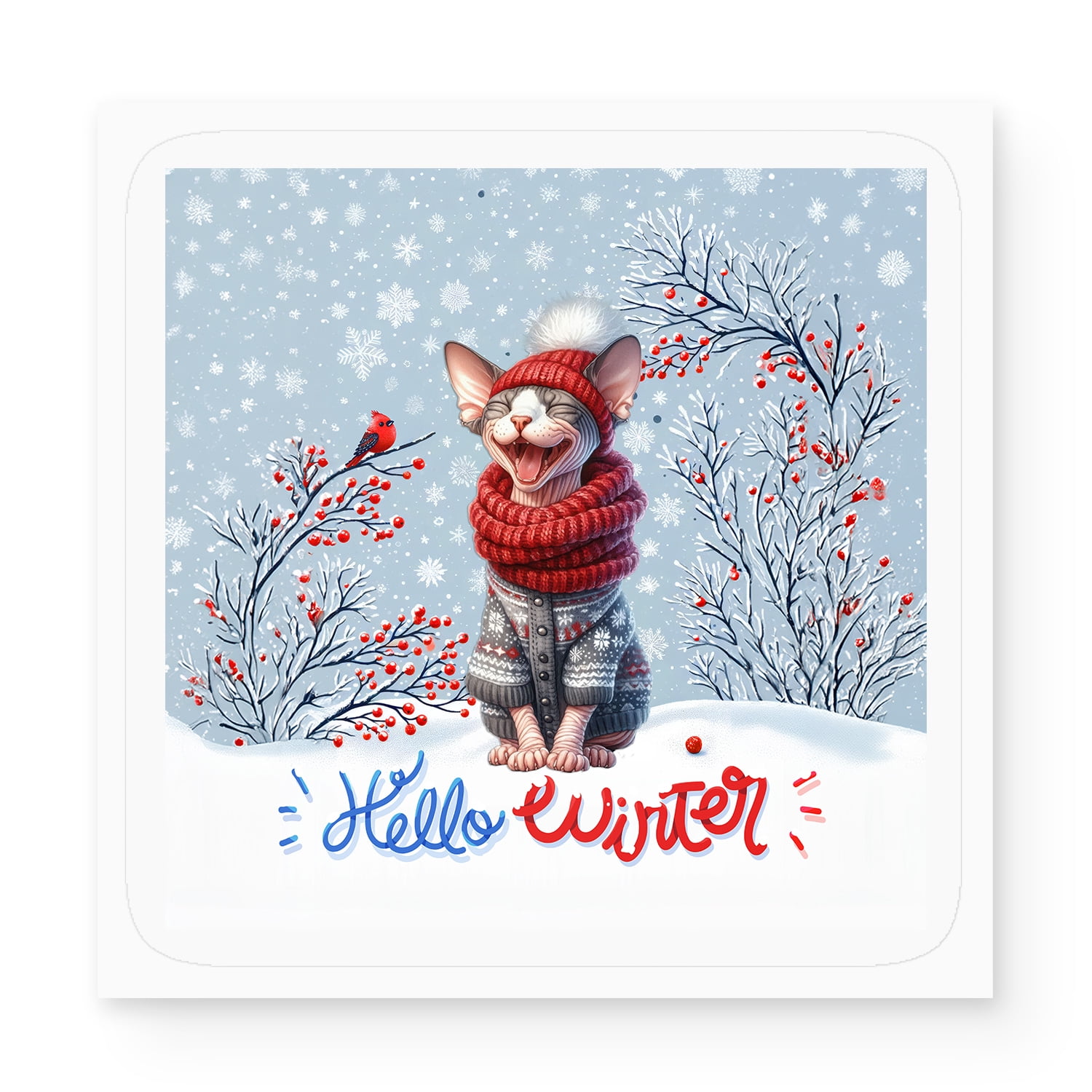 Hello Winter Sphynx Smiling in Red Scarf Hat Welcome Christmas Vinyl Sticker Cat Lover Kitten Owner Gifts Idea Waterproof Decal Art Decor - 00017
