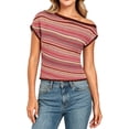 thumbnail image 3 of CAIXIA Off the Shoulder Tops for Women Short Sleeve Striped Shirt Slim Fit Hollow Out Crop Tops Summer Y2K Crochet Top, 3 of 5