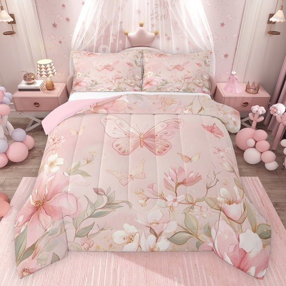 Feelyou Kawaii Butterfly Teens Bedding Comforter Set, Pink Spring Flower Floral Twin Comforter Sets, Fairy Tale Princess Reversible Bedding Set, Super Cozy Room Decor, 2-Piece
