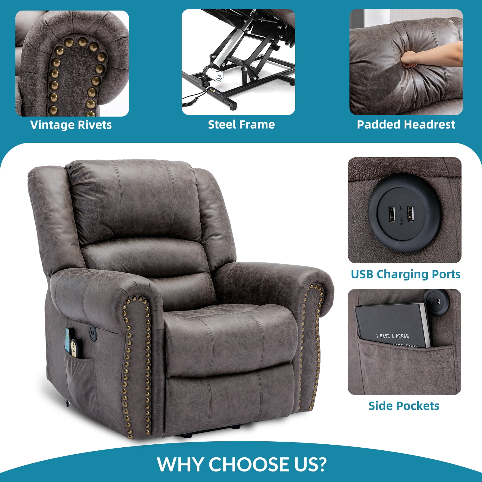 OUINCH Electric Power Lift Recliner Chair with Massage and Heat for Elderly, 2 Remote Controls, 2 Side Pockets, and USB Ports (Grey)