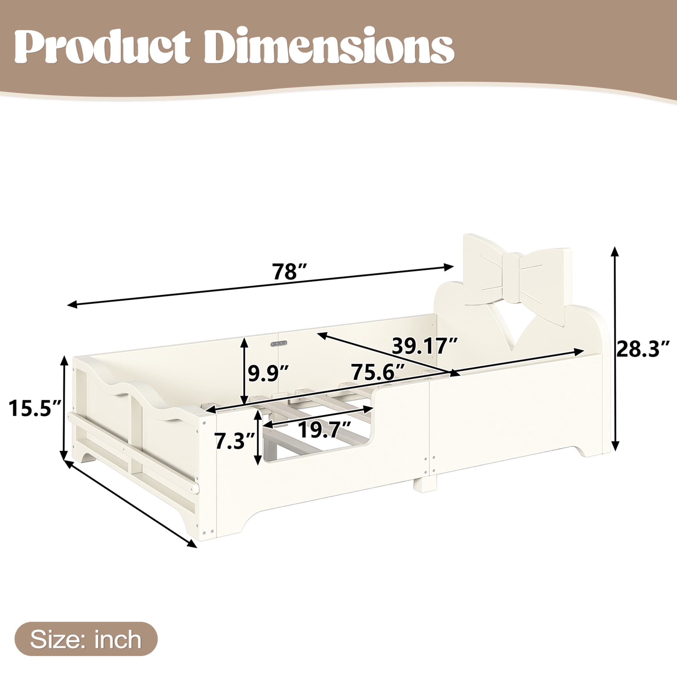 GDF Studio Twin Size Kids Platform Bed with Bowknot Headboard, Guardrails & Bookshelf, Beige