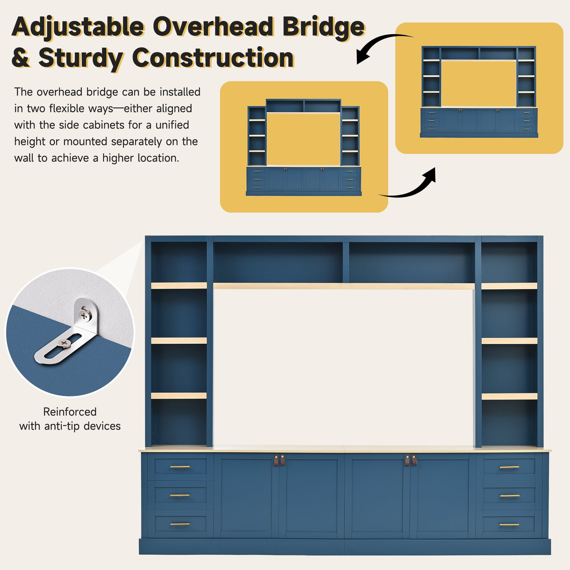 Euroco 102.3"W Farmhouse 4-Piece Entertainment Center Wall Unit with Adjustable Shelf, Modern Large TV Stand with Bookshelves