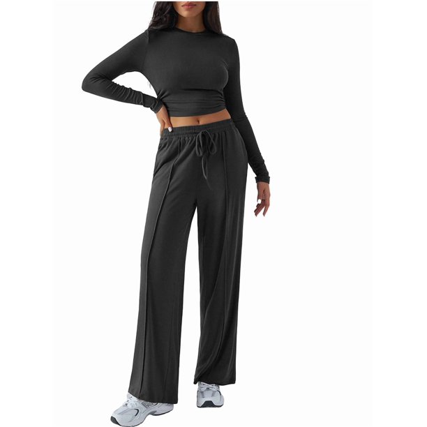 Conjunto Deportivo Y2K de Dos Piezas para Mujer, con Larga, Top Ajustado y Pantalones Anchos, Ideal para y Otoño Negro XL