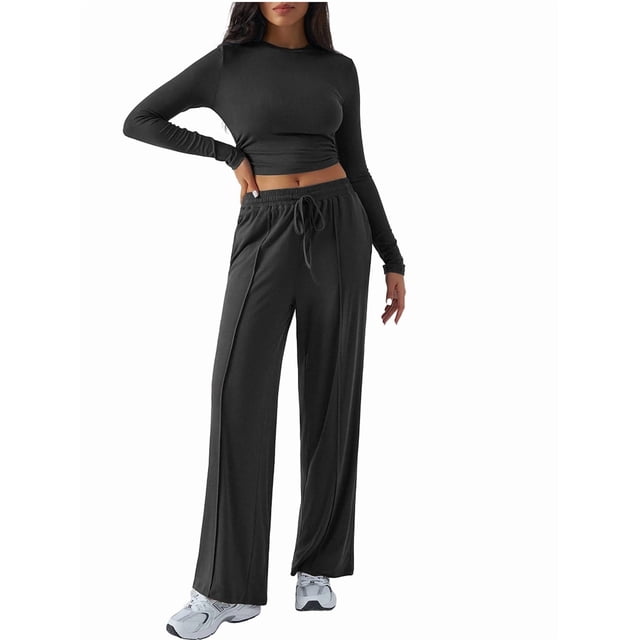 Conjunto Deportivo Y2K de Dos Piezas para Mujer, con Larga, Top Ajustado y Pantalones Anchos, Ideal para y Otoño Negro M