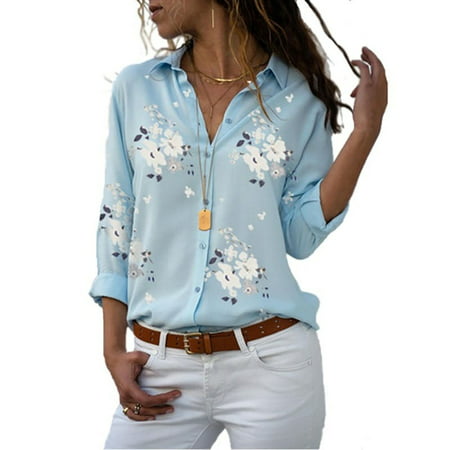 Women's Floral Printed Button Down Shirts Roll-up Sleeve V Neck Casual ...