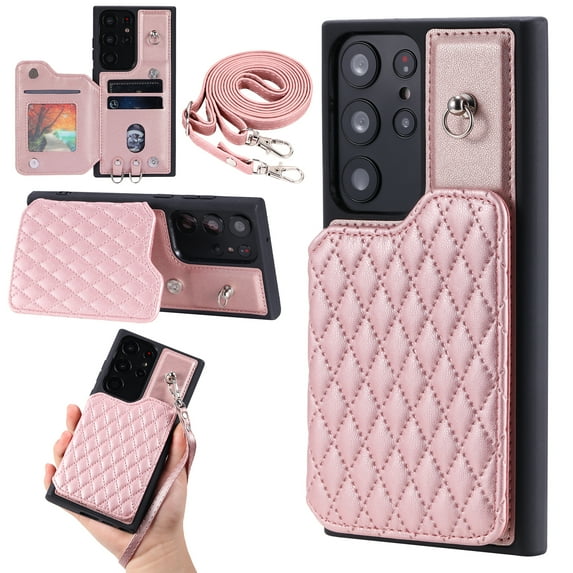 Case for Samsung Galaxy S22 Ultra, Detachable Crossbody Strap Wallet Case with Card Slots, Stand Ring Flip PU Leather Protective Cover Lanyard for Women for Samsung Galaxy S22 Ultra, Rosegold