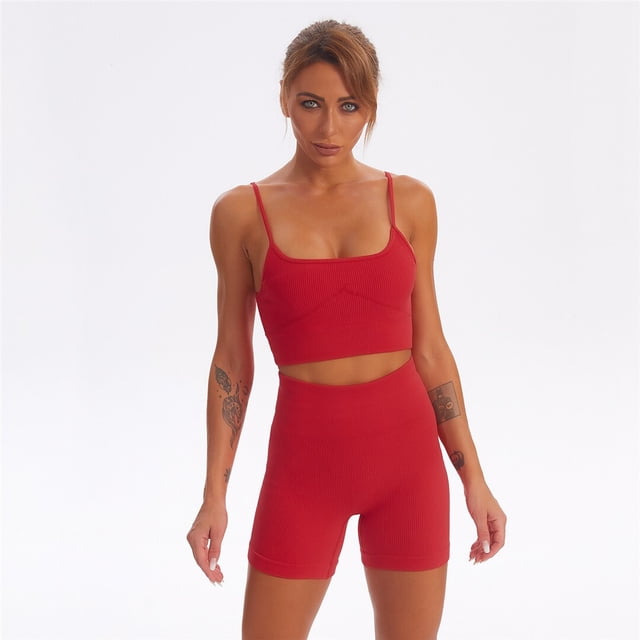 2 uds. De traje de Yoga sin costuras para mujer, Sujetador deportivo, chaleco, mallas de cintura alta, pantalones cortos, conjunto de gimnasio, ropa de entrenamiento, ropa deportiva A056 Tan Jianjun unisex