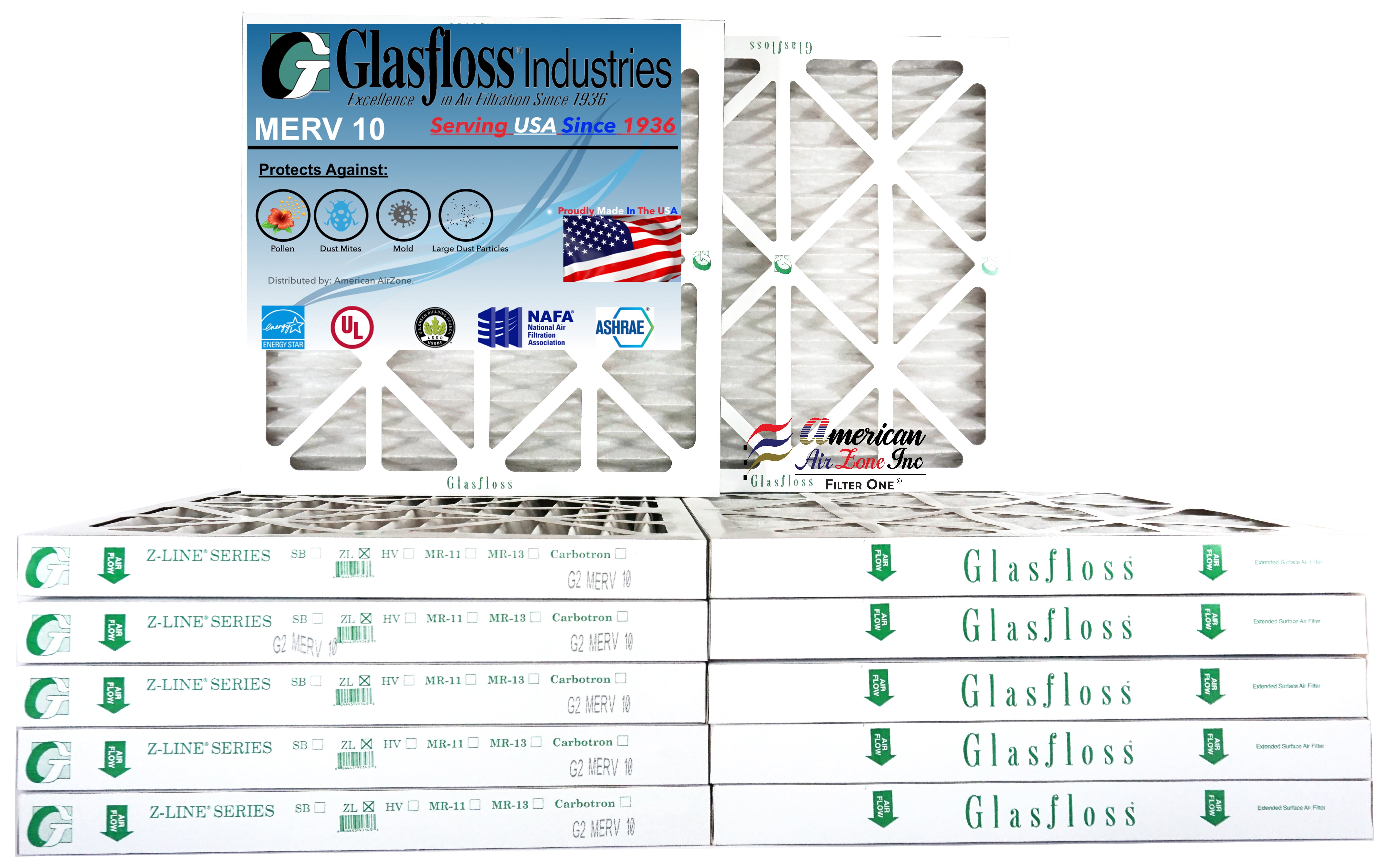 Glasfloss Air Filter 12x12x2 2" MERV 10 (Pack of 12) Pleated AC
