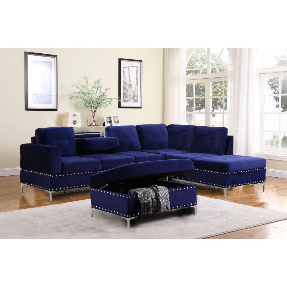 Steighaus Velvet Reversible Sectional with Storage Ottoman (Blue/ Gray