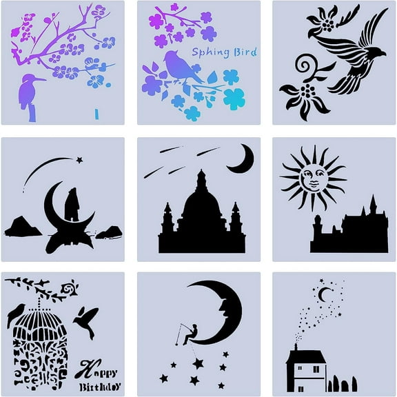 9pcs Plastic Drawing Stencils Star Moon Birds Tree Branches Flower 5x5Inch Painting Templates Set for Arts Cart Making Journaling Scrapbooking Diary DIY