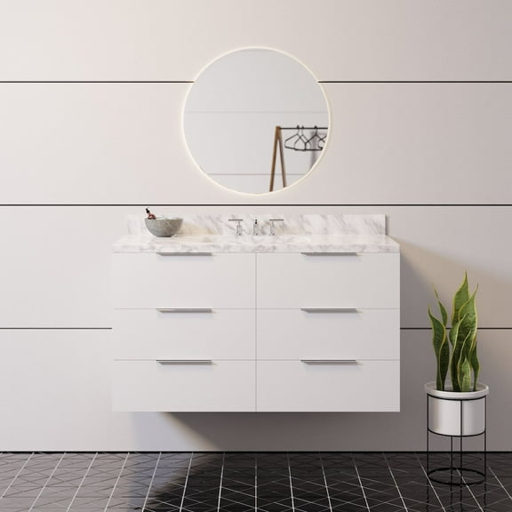 Oslo 42" Floating Wall Mounted Bathroom Vanity with White Cabinet and Carrara Marble Top