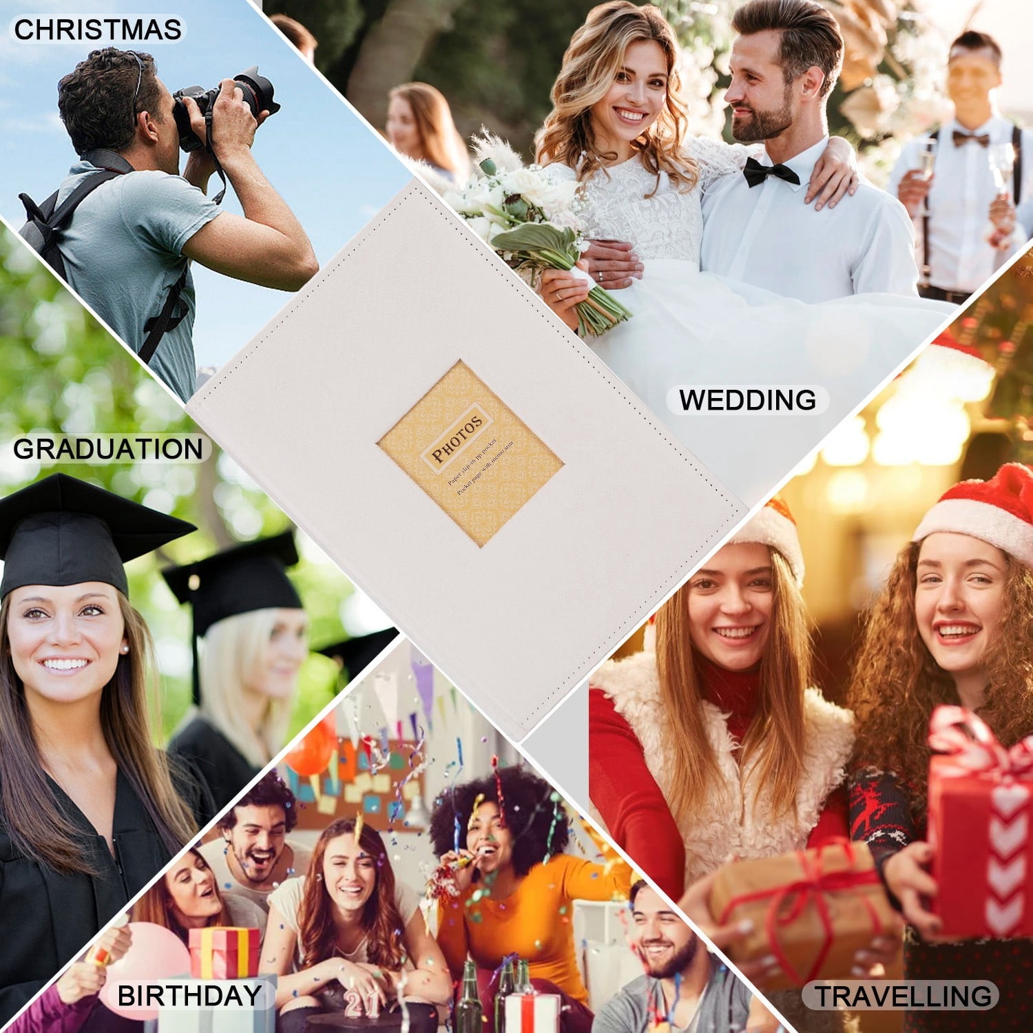 TJT Photo Albums for 4x6 Holds 300, 100 Pages Suede Cover with Display Window DIY Photo Book, Ideal Gifts for Family Travel Wedding Baby, Beige